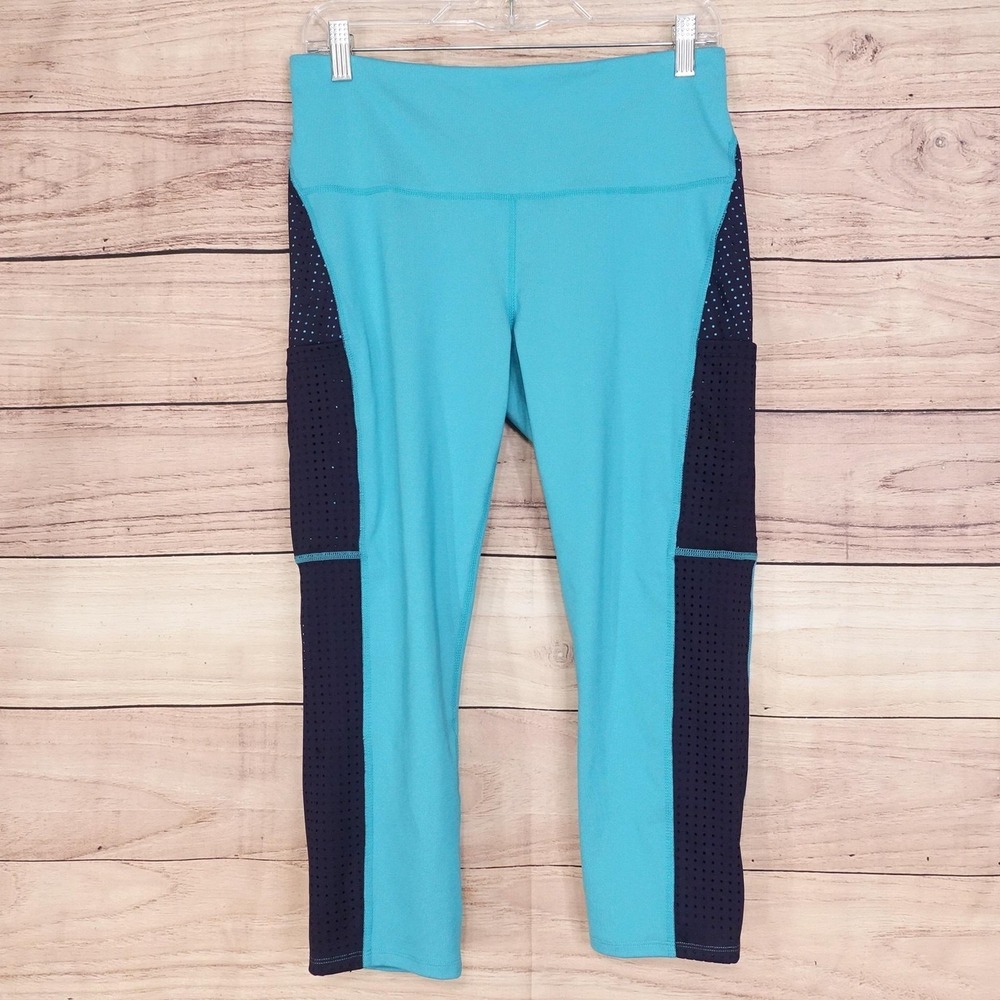 Ruby Ribbon Leggings Womens L Blue Capri Mesh Side Pockets High Rise Yoga Gym